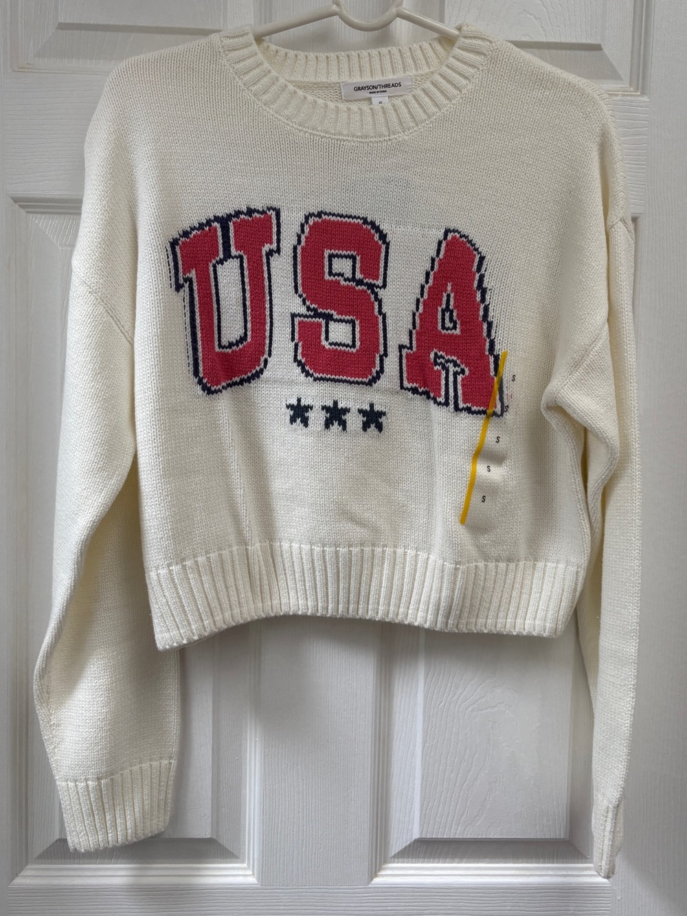 Women's Cream 'USA' Knit Sweater - Cropped Crewneck